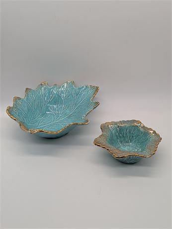 Set 2 California USA Pottery #105 Ceramic Bowl Plate Leaf Aqua Blue Gold MCM