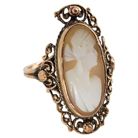 Antique 10K Rose Gold Filigree Carved Shell Cameo Ring, Sz 7.25
