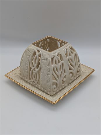 Lenox Illuminated Pierced Tea light Square Base Ivory w/ Gold Trim