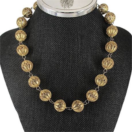 Antiquated Gold Tone Filigree Ball Necklace