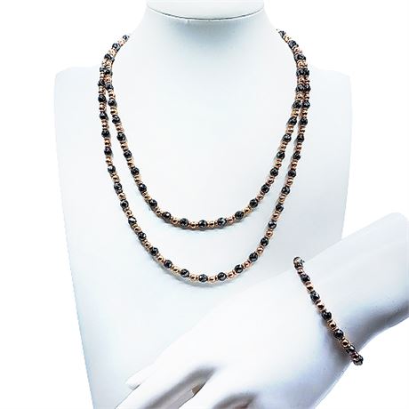 Signed Milor Italy Bronze Hematite Bead Necklace & Bracelet Set