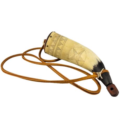 Carved Scrimshaw Powder Horn Real Animal Horn with Strap