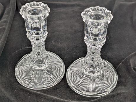 Vtg. Lovely cut glass pair candlesticks bevel base