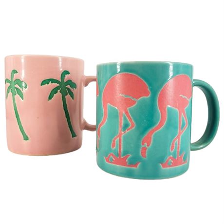 Pair Pastel Tropical Print Coffee Mugs