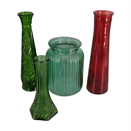 Lot Green and Red Glass Vases
