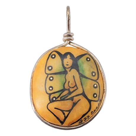 Vintage 70s Signed Hand Painted River Rock & Sterling Silver Faerie Pendant