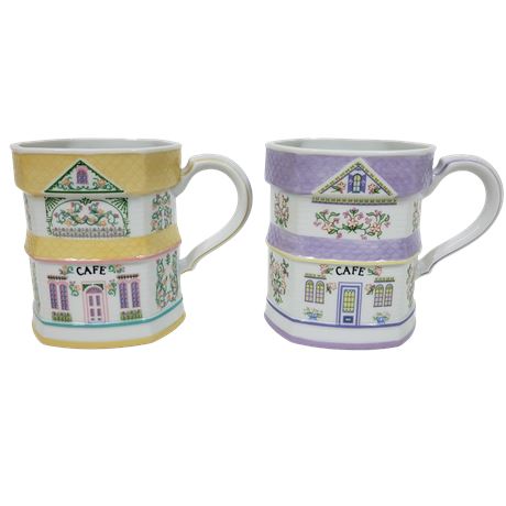 The Lenox Village Coffee Mugs 1992 Purple & Yellow Cafe Coffee Mugs