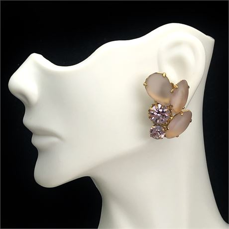 Vintage M.I.W. (West) Germany Pink Frosted Glass Rhinestone Earrings