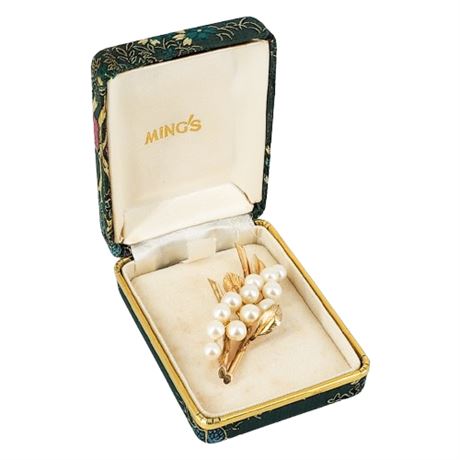Vintage MING'S HAWAII 14K Gold Genuine Pearl Brooch in Original Box