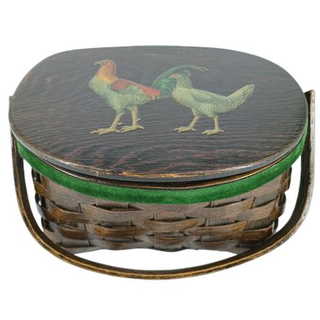 1963 Handmade Basket Style Handbag with Chicken and Rooster, Mirror, Velvet Trim