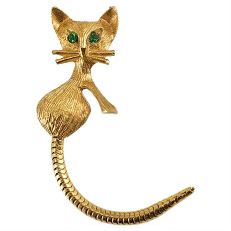Vintage Cat Brooch w/ Rhinestone Eyes & Articulated Tail