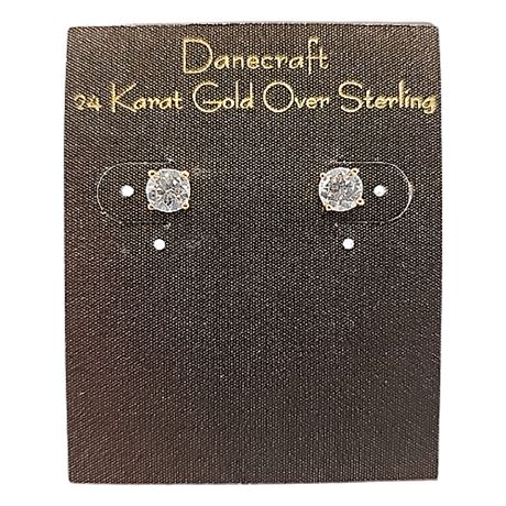 NEW Danecraft 24K Gold Over Sterling Silver CZ Stud Earrings