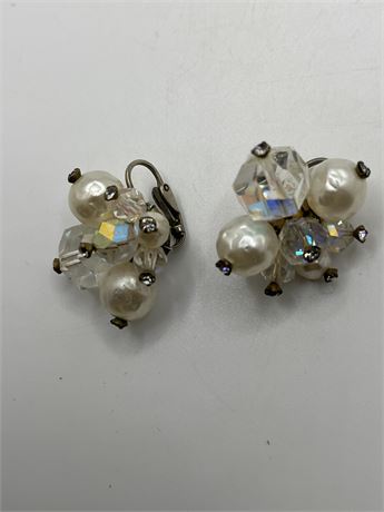 Signed silver and crystal clip earrings