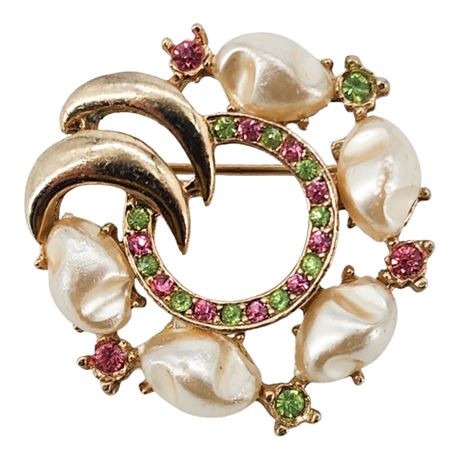 Vintage Pink & Green Rhinestone Brooch w/ Faux Pearl Accents