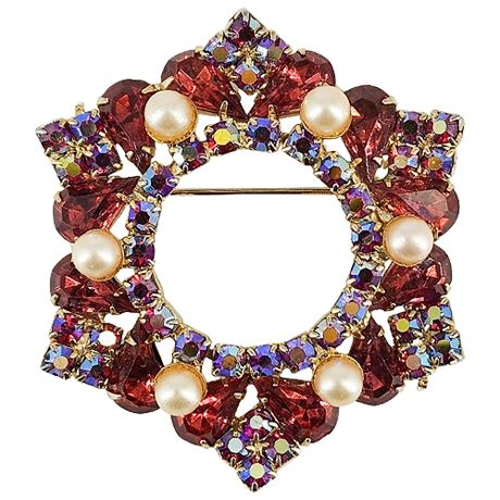 Vintage Aurora Borealis Rhinestone & Faux Pearl Circle Brooch