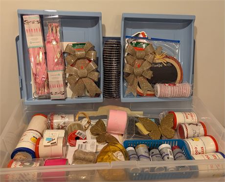 Lot Misc. Craft Supplies, Cross Stitch Magazines + Storage Container w/2 trays