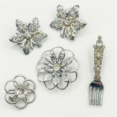 Sparkle Pack of Vintage Silver Tone & Rhinestone Brooches