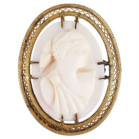 Vintage Hand Carved Shell Goddess Cameo Brooch