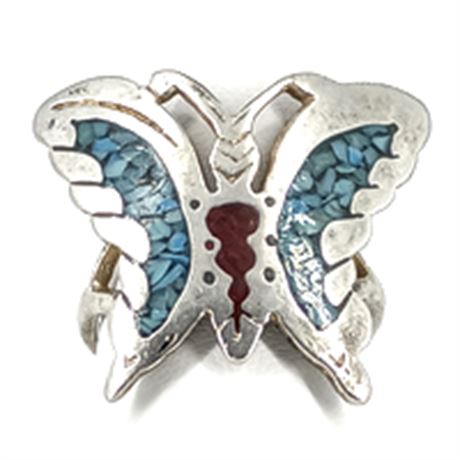 Sterling Silver Butterfly Inlay Ring – Turquoise & Coral