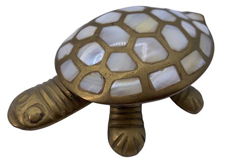 Delightful Brass Turtle Trinket Box with Inlaid Mother of Pearl Shell