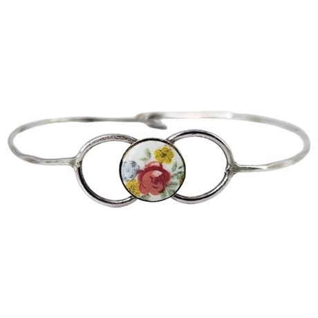Vintage Dainty Sterling Silver Bracelet w/ Hand Painted Porcelain Flowers