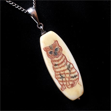 Sterling Silver Scrimshaw Carved Bone Double Sided Cat Pendant Necklace
