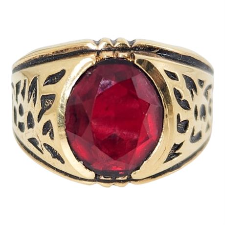 Vintage Gold Tone Faux Red Gemstone Ring, Sz 10.5