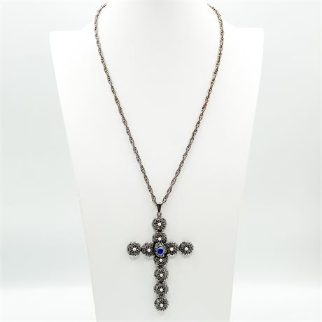 Vintage Silver Tone Filigree Cross Necklace