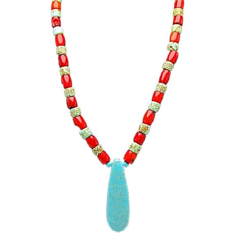 Faux Turquoise & Coral Beaded Necklace