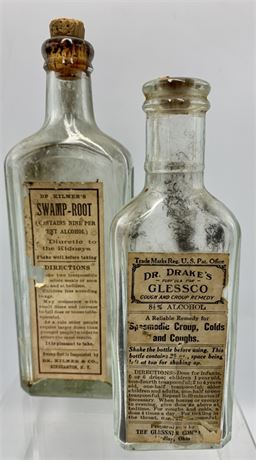 Pair of Antique Quack Medicine Swamp Root Remedy & Cough Syrup Bottles