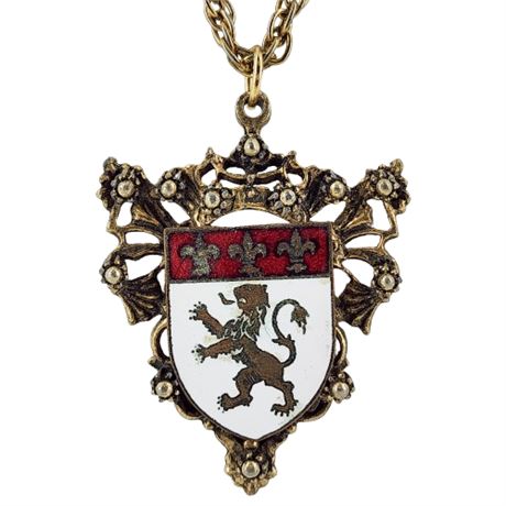 Signed Vintage CORO Enamel Heraldic Coat of Arms Pendant Necklace
