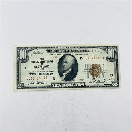 UNC 1929 $10 Cleveland Federal Reserve Banknote