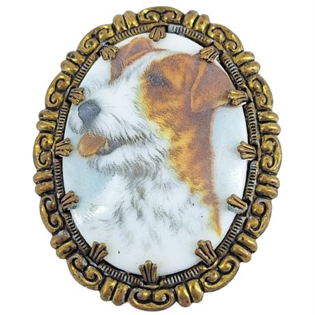 Vintage Ceramic Dog Portrait Brooch Made in Western Germany