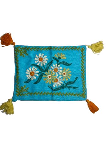 Hand Embroidered Floral Vntg Pillow Case Aqua 11” x 14”