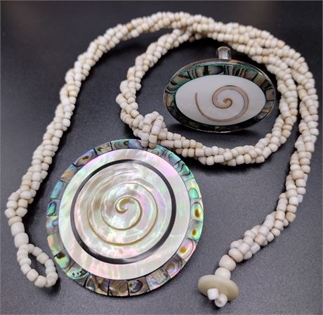Mother of pearl abalone onyx necklace and ring set size 8 adjustable and 19 in