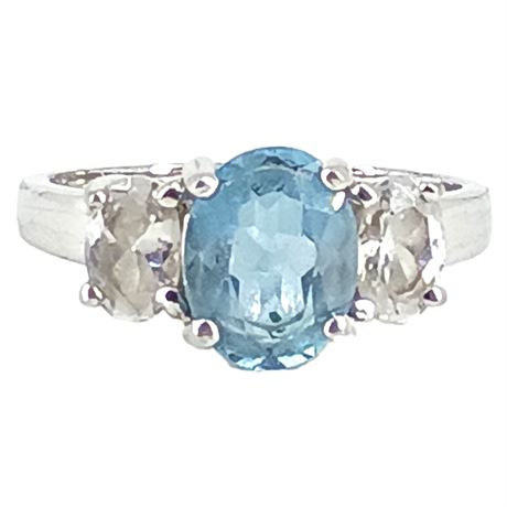 925 Sterling Silver HMI Blue & CZ Three-Stone Ring