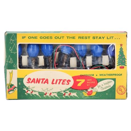 Vintage Santa Lites 7 Light Blue D14 Weatherproof Outdoor Christmas Lights