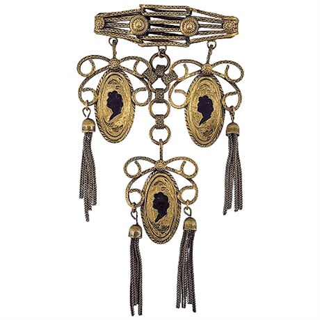 Vintage B. Blumenthal Triple Cameo & Tassels Large Brass Brooch