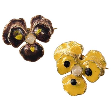 Pair Vintage Enamel Pansy Mini Brooches