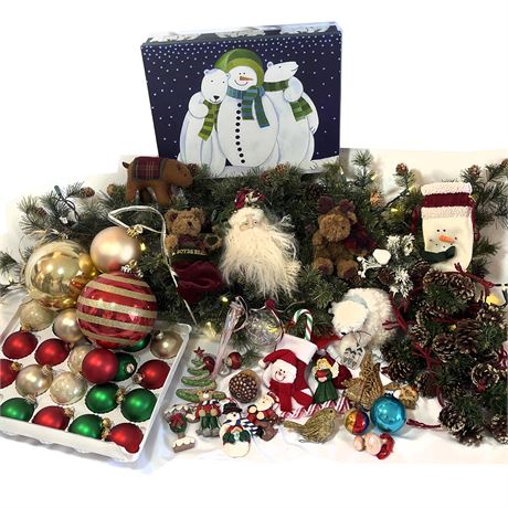 Vintage Christmas Lot Ornaments, Pine Bough Garland, Stocking, Mercury Ornament