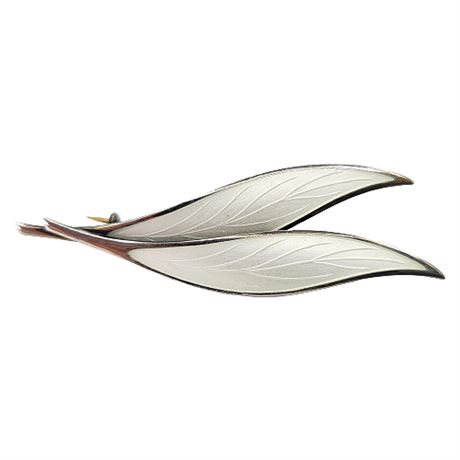 Mid-Century Thune Norway Sterling Silver Double Leaf White Enamel Brooch