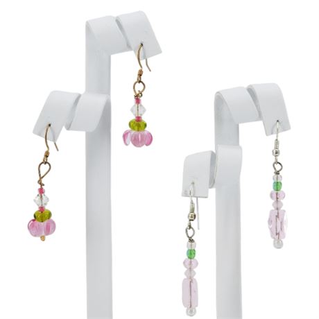 Two Pairs Artisan Made Pink Art Glass/Crystal Bead Earrings