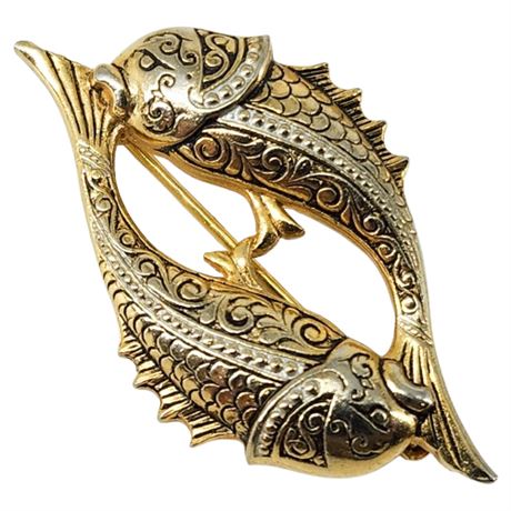 Vintage Spanish Damascene Style Pisces Fish Brooch