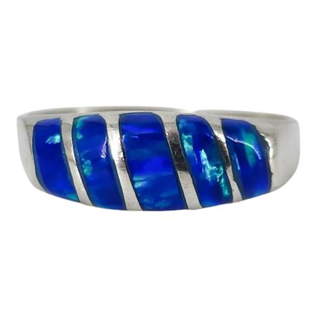 Sterling Silver Lab Created Blue Opal Inlay Ring, Sz 5.5