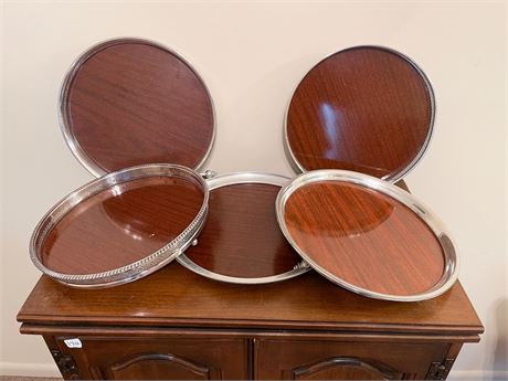 Silver Plate & Wood Laminate Serving Lot