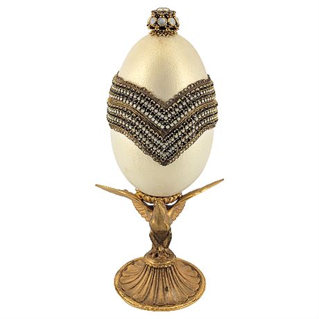 Vintage Faberge Style Bejeweled Goose Egg Box on Eagle Pedestal