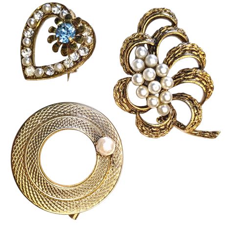 Vintage Pin Trio with Faux Pearl Accents, Gold-Tone