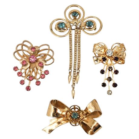 Four Vintage Gold Tone Rhinestone Brooches