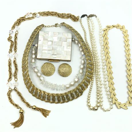 Vintage Jewelry Lot- Gold Tone Choker, Vendome AB, MOP Compact, Tassel Sautoir