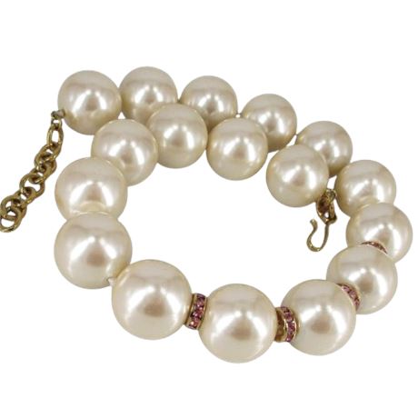 VTG MONET Chunky Faux Pearl Necklace with Pink Rhinestone Spacers